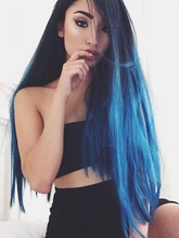 将图片加载到图库查看器,Black Ombre Blue Long Front Wig