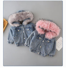 将图片加载到图库查看器,Kids Girls Hooded Faux Fur Thick Denim Coat - 1203