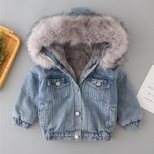 将图片加载到图库查看器,Kids Girls Hooded Faux Fur Thick Denim Coat - 1203