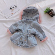 将图片加载到图库查看器,Kids Girls Hooded Faux Fur Thick Denim Coat - 1203
