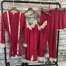 将图片加载到图库查看器,2020 Women Satin Sleepwear 5 Pieces Pyjamas Sexy Lace Pajamas Sleep Lounge Pijama Silk Night Home Clothing Pajama Suit