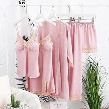 将图片加载到图库查看器,2020 Women Satin Sleepwear 5 Pieces Pyjamas Sexy Lace Pajamas Sleep Lounge Pijama Silk Night Home Clothing Pajama Suit