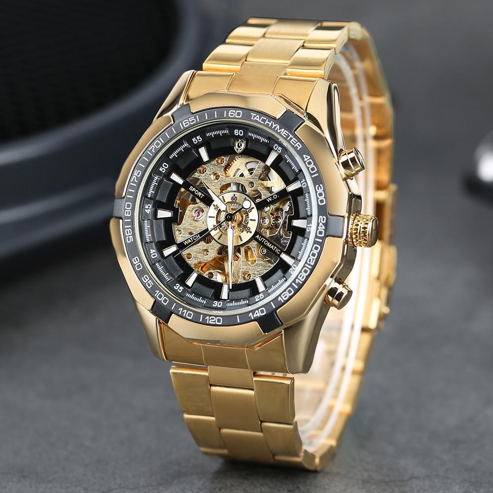Automatic Skeleton Watch Golden X Dial Business Watches - 1203