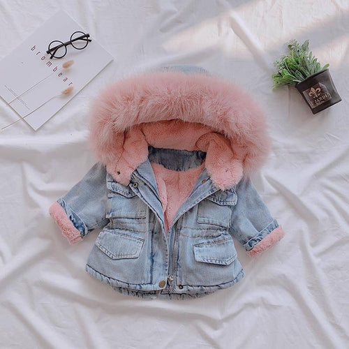 Kids Girls Hooded Faux Fur Thick Denim Coat - 1203