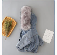 将图片加载到图库查看器，Kids Girls Hooded Faux Fur Thick Denim Coat - 1203
