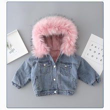 将图片加载到图库查看器，Kids Girls Hooded Faux Fur Thick Denim Coat - 1203
