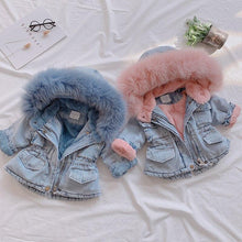 将图片加载到图库查看器，Kids Girls Hooded Faux Fur Thick Denim Coat - 1203
