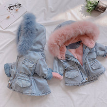 将图片加载到图库查看器，Kids Girls Hooded Faux Fur Thick Denim Coat - 1203
