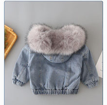 将图片加载到图库查看器，Kids Girls Hooded Faux Fur Thick Denim Coat - 1203
