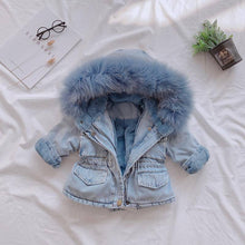 将图片加载到图库查看器，Kids Girls Hooded Faux Fur Thick Denim Coat - 1203
