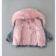 将图片加载到图库查看器，Kids Girls Hooded Faux Fur Thick Denim Coat - 1203
