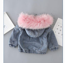 将图片加载到图库查看器，Kids Girls Hooded Faux Fur Thick Denim Coat - 1203
